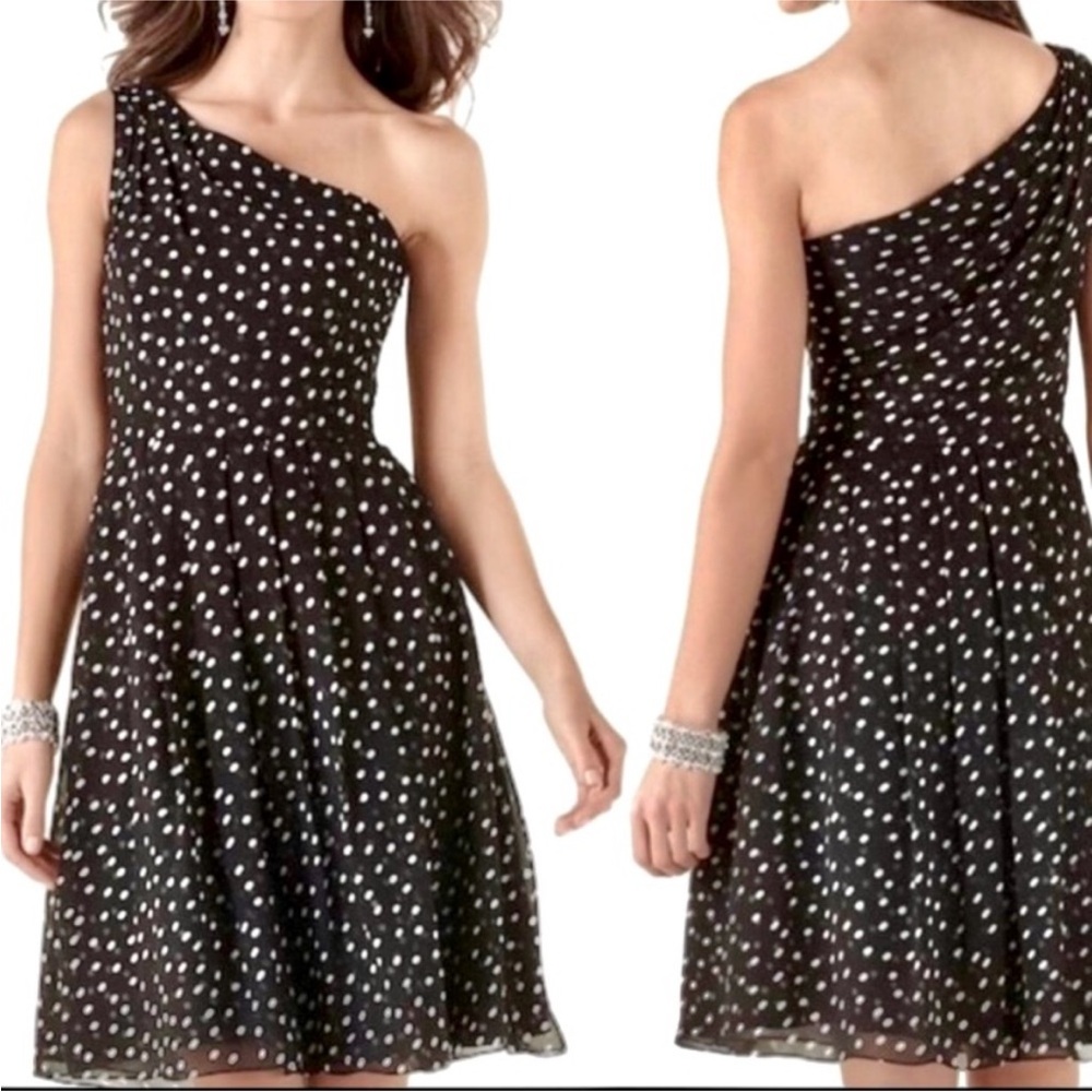 White House Black Market One Shoulder Black and White Polka Dot Dress Size 2
